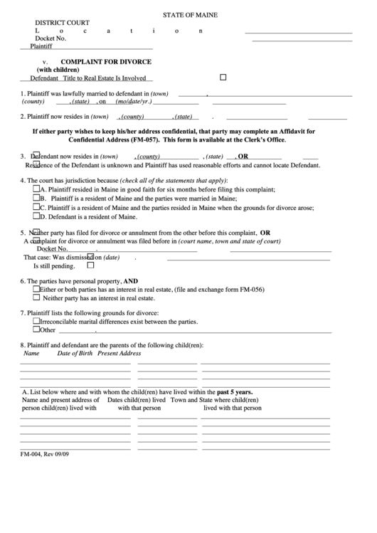 Fillable Form Fm-004 - Complaint For Divorce (With Children) Printable pdf