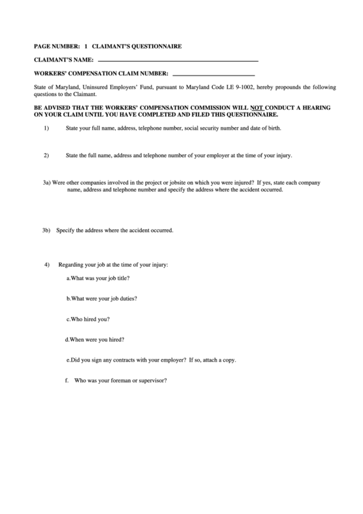 Wcc Form H-37 - Claimant Questionnaire - Maryland Uninsured Employers
