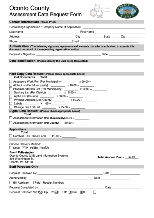 Fillable Assessment Data Request Form Printable pdf