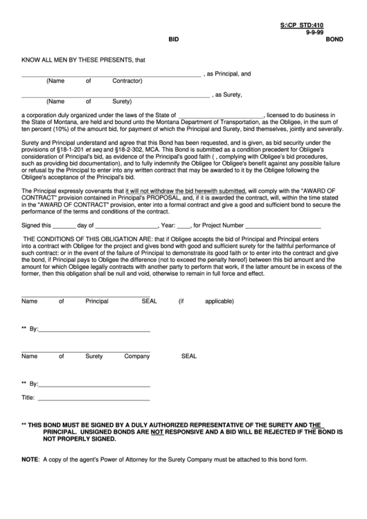 Bid Bond Form - Montana Department Of Transportation Printable pdf