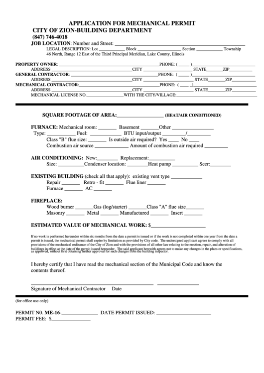 Fillable Application For Mechanical Permit Form Printable pdf