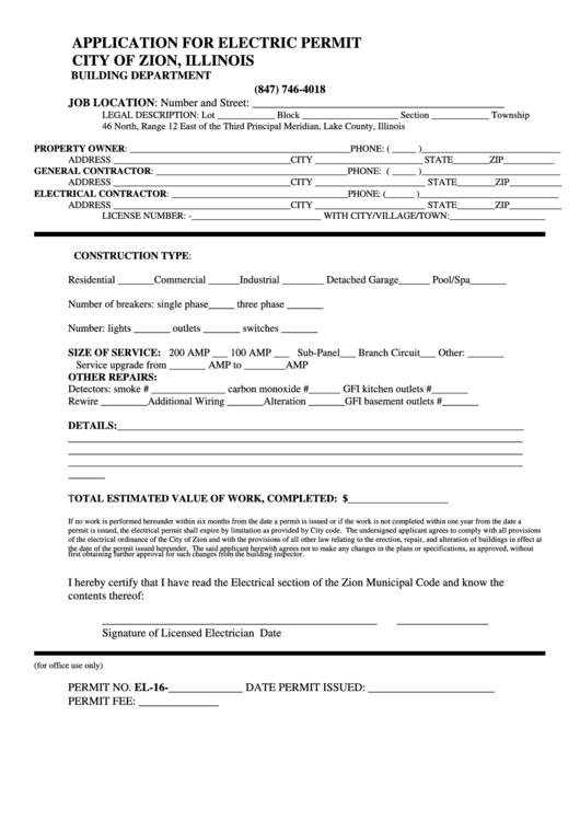 Fillable Application For Electric Permit Form Printable pdf