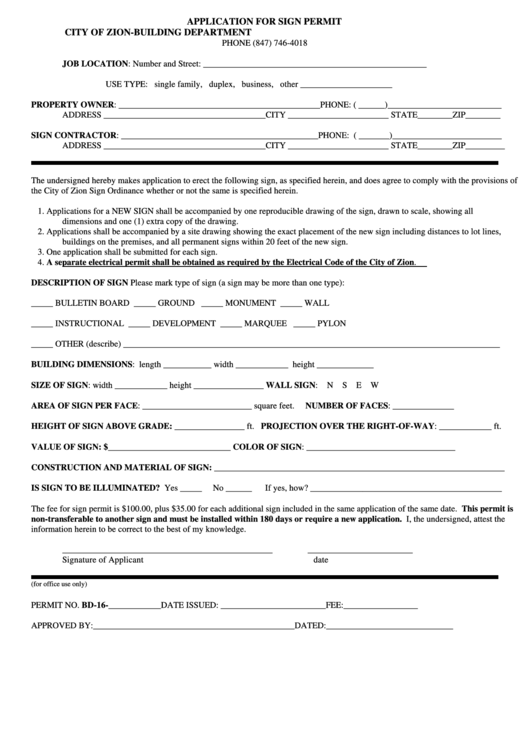 Fillable Application For Sign Permit Form Printable pdf
