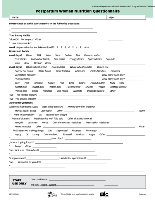 Postpartum Woman Nutrition Questionnaire Form - California Department Of Public Health - Wic Program Printable pdf