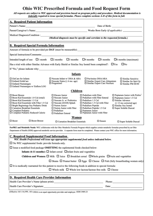 Fillable Ohio Wic Prescribed Formula And Food Request Form Printable pdf