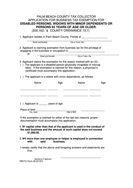 Pbctc Form 49 - Application For Business Tax Exemption For Disabled Persons, Widows With Minor Dependents Or Persons 65 Years Of Age Or Older - Palm Beach County Tax Collector Printable pdf