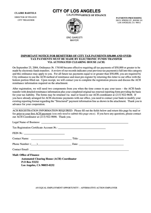 Important Notice For Remitters Of City Tax Payments 50,000 And Over: Tax Payments Must Be Made By Electronic Funds Transfer Via Automated Clearing House (Ach) Form - City Of Los Angeles Printable pdf
