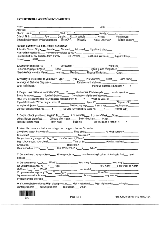 Form Jmc0191 - Patient Initial Assessment-Diabetes Form Printable pdf