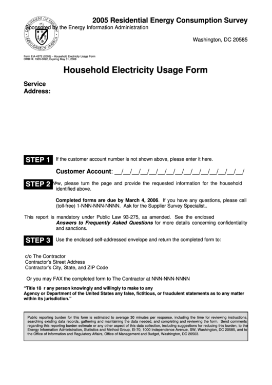 Form Eia-457e - Household Electricity Usage Form Printable pdf