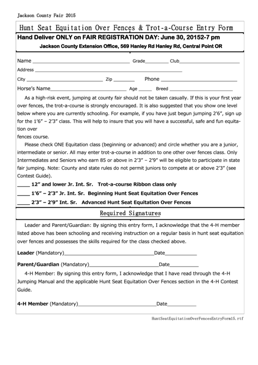 Hunt Seat Equitation Over Fences & Trot-A-Course Entry Form - Jackson County, Oregon Printable pdf