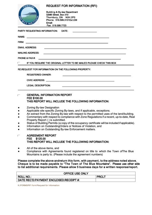 Fillable Request For Information Form - Ontario Building & By-Law Department Printable pdf