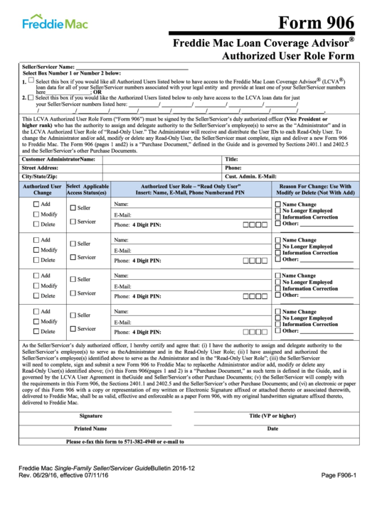 Fillable Freddie Mac Form 906 - Freddie Mac Loan Coverage Advisor Authorized User Role Form Printable pdf