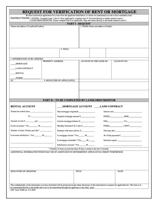 Request For Verification Of Rent Or Mortgage Form Printable pdf