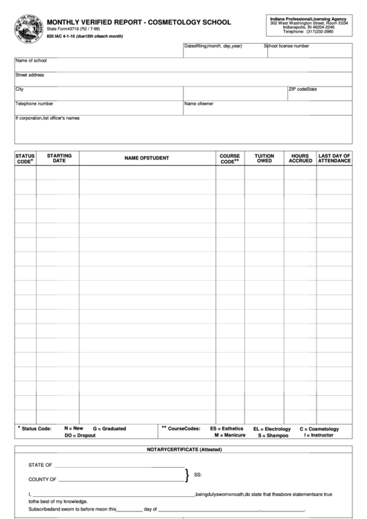 Fillable Form 43716 - Monthly Verified Report-Cosmetology School July 1999 Printable pdf