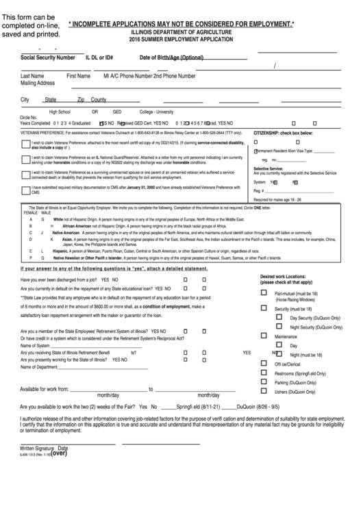 Fillable Summer Employment Application Form - Illinois Department Of Agriculture - 2016 Printable pdf