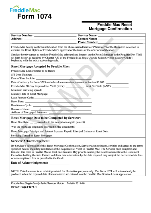 Freddie Mac Form 1074 - Freddie Mac Reset Mortgage Confirmation Printable pdf