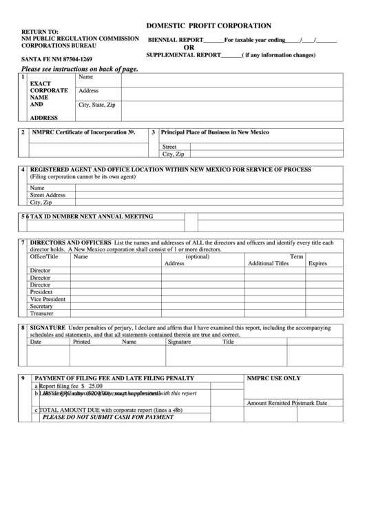 Biennial Or Supplemental Report Form - Domestic Profit Corporation - Nm Public Regulation Commission Printable pdf