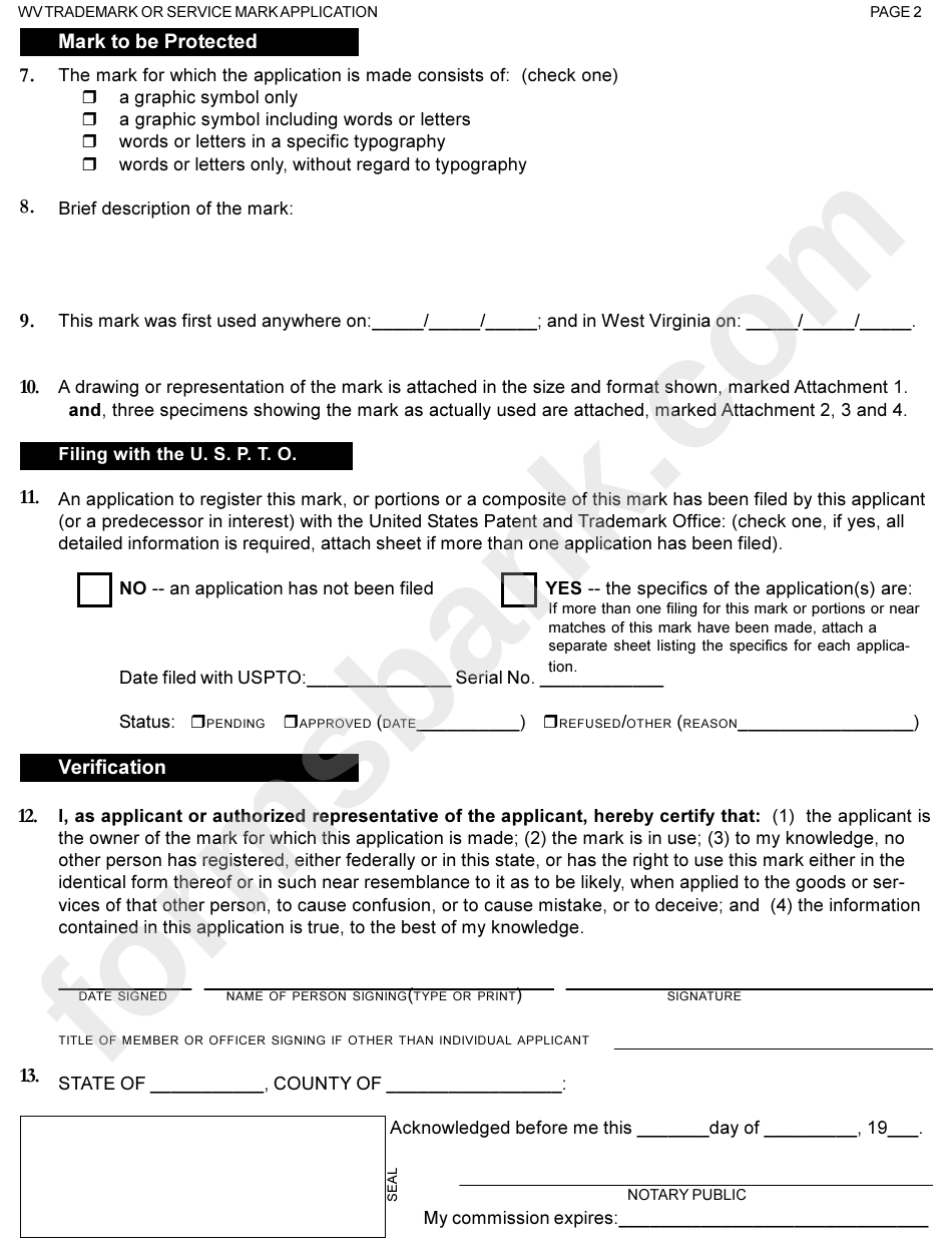 West Virginia Application For Trademark Or Service Mark Form - Secretary Of State