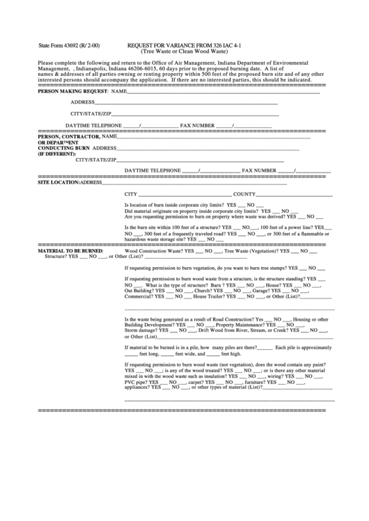 Fillable State Form 43692 - Request For Variance From 326 Iac 4-1 - Indiana Department Of Environmental Management Printable pdf