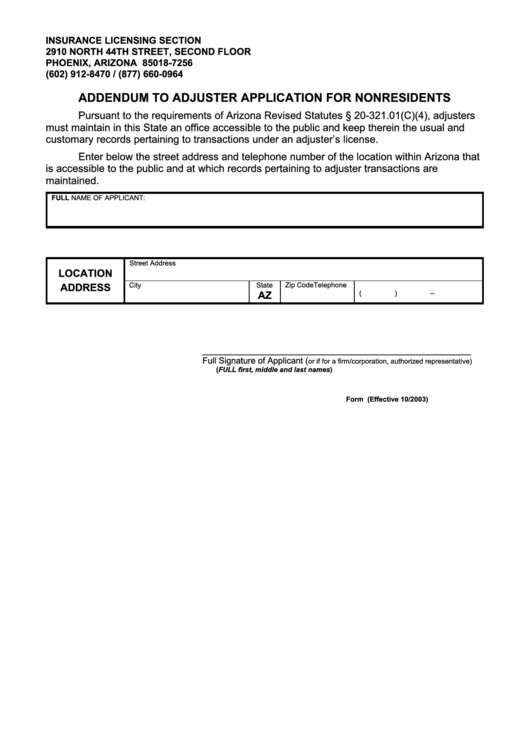 Fillable Form Adj.addendum-Addendum To Adjuster Application For Nonresidents October 2003 Printable pdf