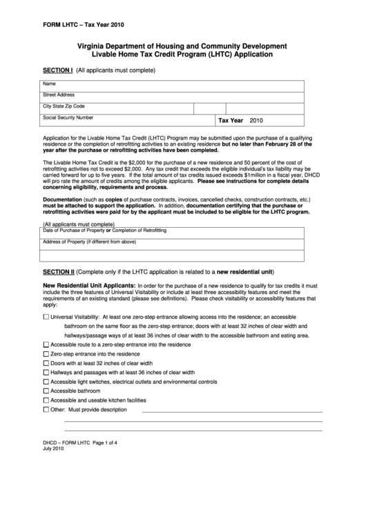 Form Lhtc - Livable Home Tax Credit Program (Lhtc) Application - 2010 Printable pdf