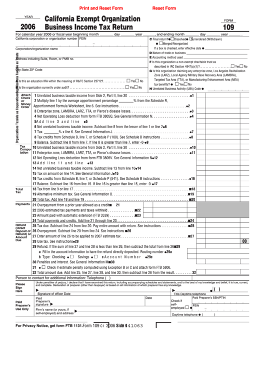 Fillable Form 109 - California Exempt Organization Business Income Tax Return - 2006 Printable pdf