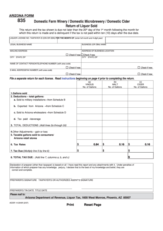 Fillable Arizona Form 835 - Domestic Farm Winery / Domestic Microbrewery / Domestic Cider Return Of Liquor Sold Printable pdf