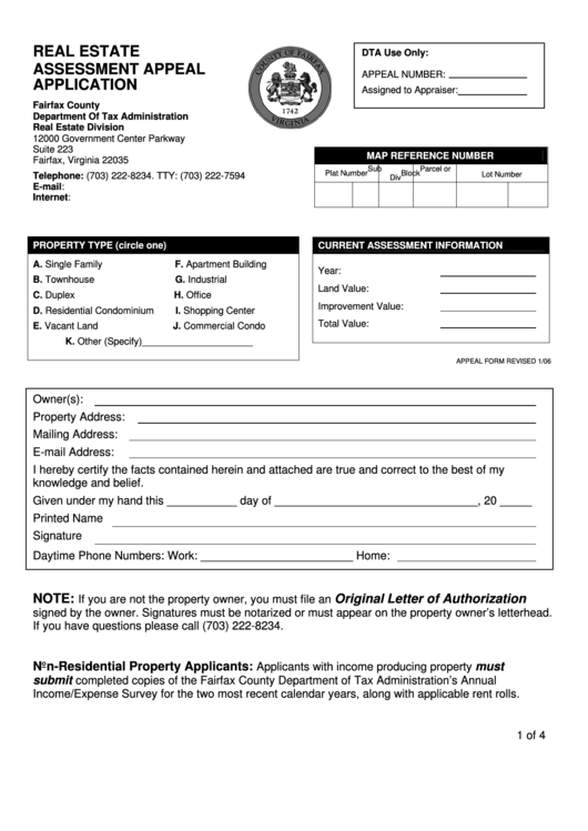 Real Estate Assessment Appeal Application Form - 2006 Printable pdf