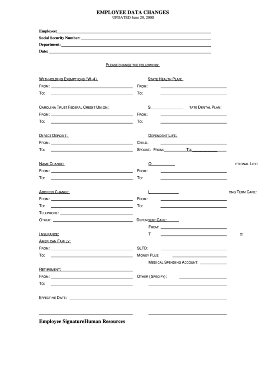 Employee Data Changes Form June 2000 Printable pdf