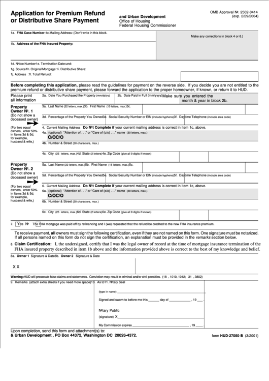 Form Hud-27050-B-Application For Premium Refund Or Distributive Share Payment March 2003 Printable pdf