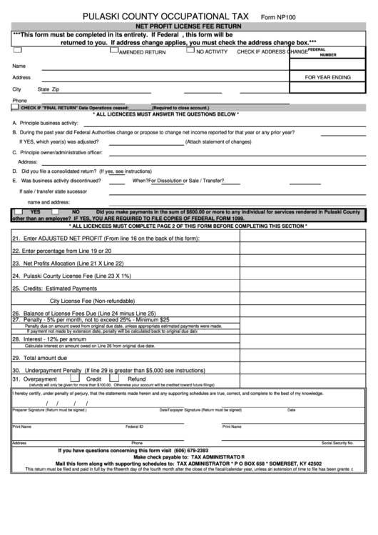 Form Np100 - Net Profit License Fee Return - Pulaski County Occupational Tax Printable pdf
