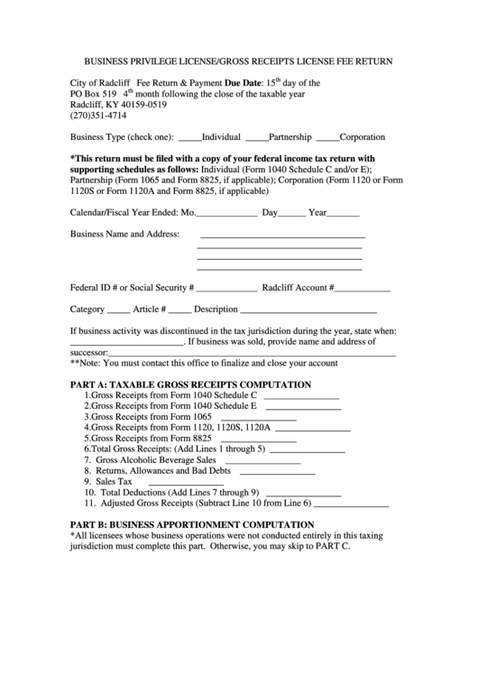 Business Privilege License/gross Receipts License Fee Return Form - City Of Radcliff Printable pdf