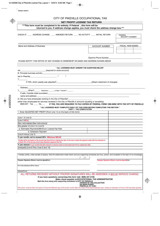 Net Profit License Tax Return Form - City Of Pikeville Occupational Tax - 2014 Printable pdf