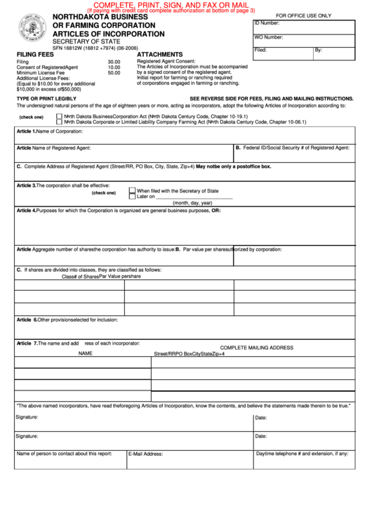 Fillable Form Sfn 16812w - North Dakota Business Or Farming Corporation Articles Of Incorporation Printable pdf