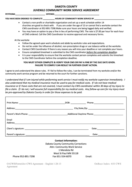 Juvenile Community Work Service Agreement Form Printable pdf