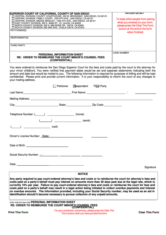 Superior Court Form : Sdsc Adm-243 - Personal Information Sheet