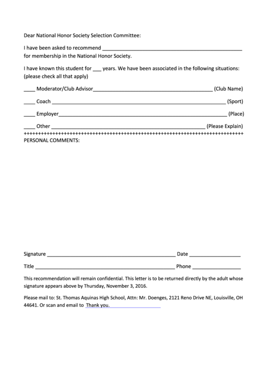 Recommendation Letter Form For Membership In National Honor Society Selection Committee Printable pdf