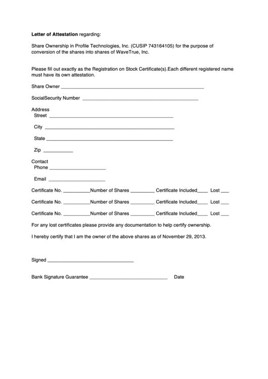Letter Of Attestation Form printable pdf download