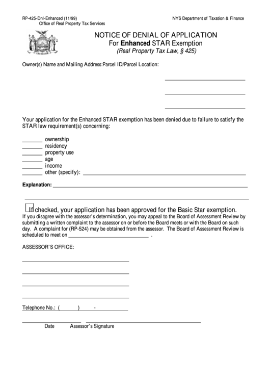 Form Rp-425-Dnl-Enhanced - Notice Of Denial Of Application For Enhanced Star Exemption Printable pdf