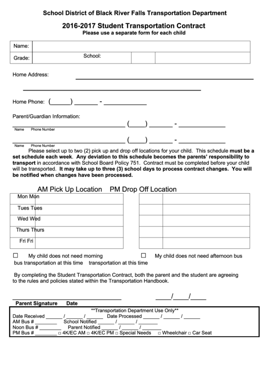 Transportation Contract Fprm-School District Of Black River Falls Printable pdf
