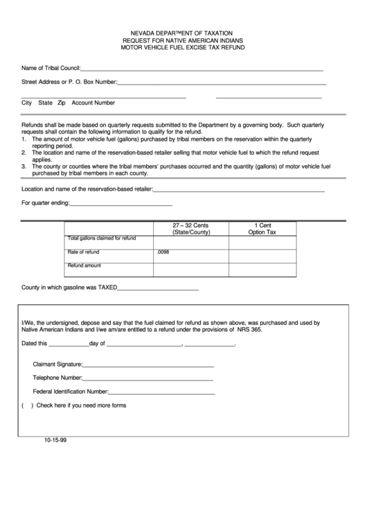 Request For Native American Indians Motor Vehicle Fuel Excise Tax Refund Form 1999 Printable pdf