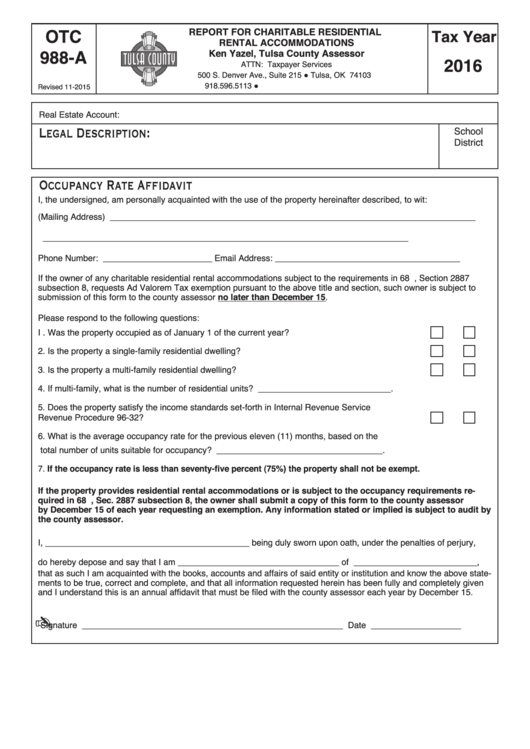 Fillable Form Otc 988-A - Report For Charitable Residential Rental Accommodations - Tulsa County - 2016 Printable pdf