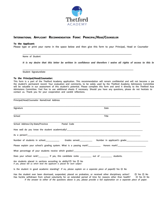 International Applicant Recommendation Form Printable pdf
