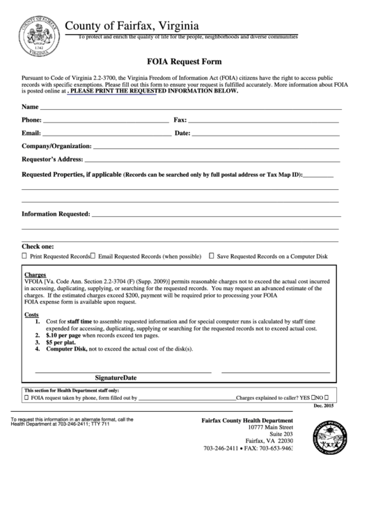 Fillable Foia Request Form December 2015 Printable pdf