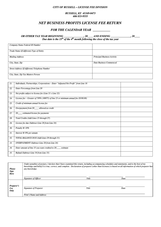 Net Business Profits License Fee Return Form - City Of Russell - License Fee Division Printable pdf