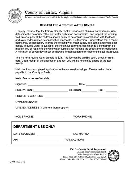 Form Eho4 - Request For A Routine Water Sample July 2015