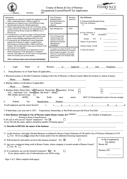 Occupational License/payroll Tax Application Form - County Of Boone & City Of Florence Printable pdf