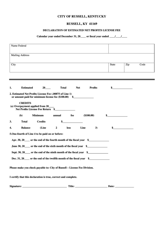 Declaration Of Estimated Net Profits License Fee Form - City Of Russell, Kentucky Printable pdf