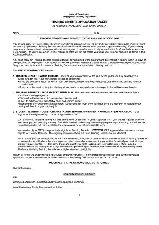 Training Benefits Application Packet Form - Washington Employment Security Department Printable pdf