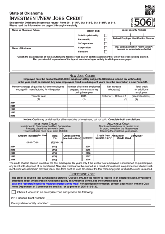Fillable Form 506 - Investment/new Jobs Credit - 2014 Printable pdf